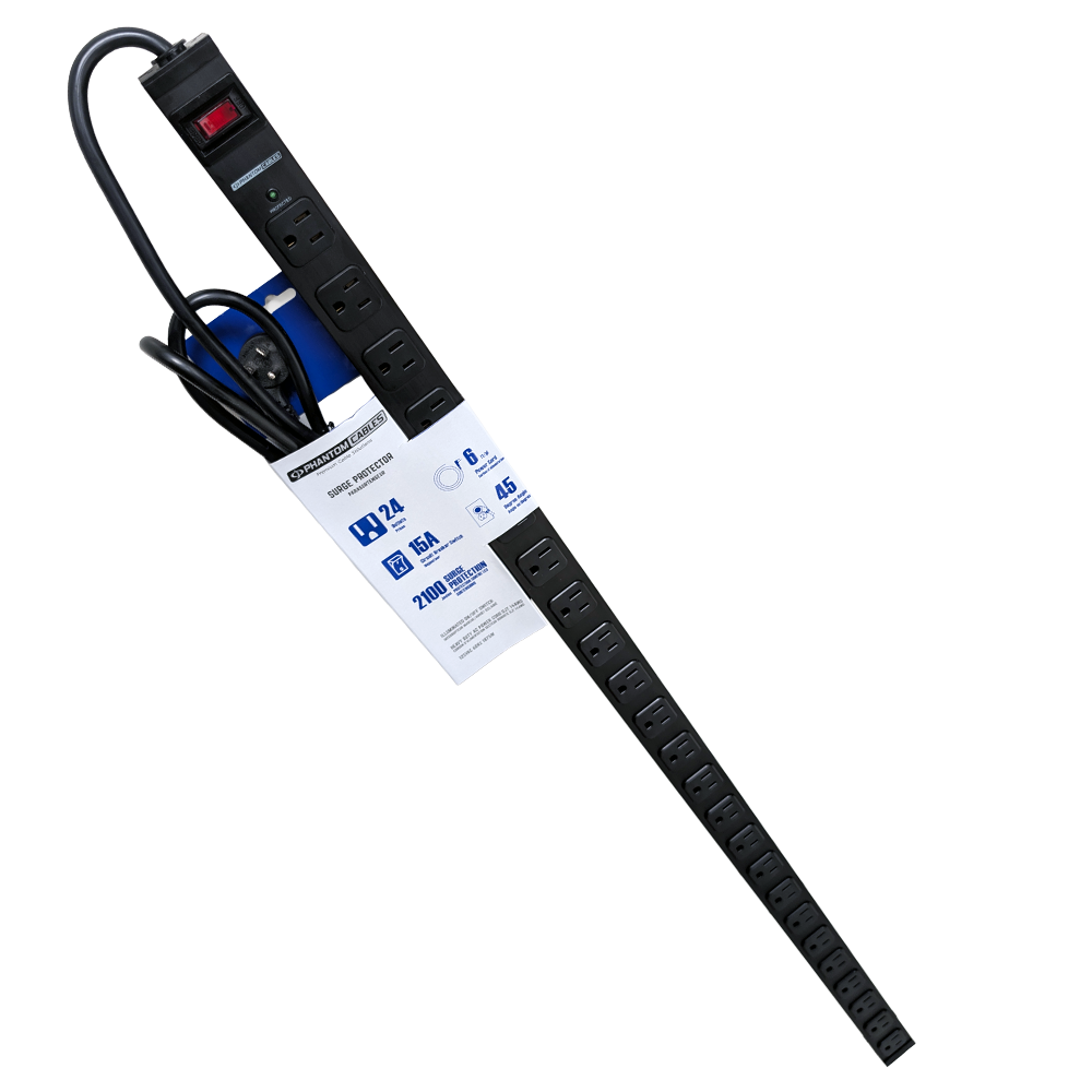 24 Outlet 48 inch Surge Protector 2100J - 6ft Cord 45 Degree Angle Plug, Metal - Black