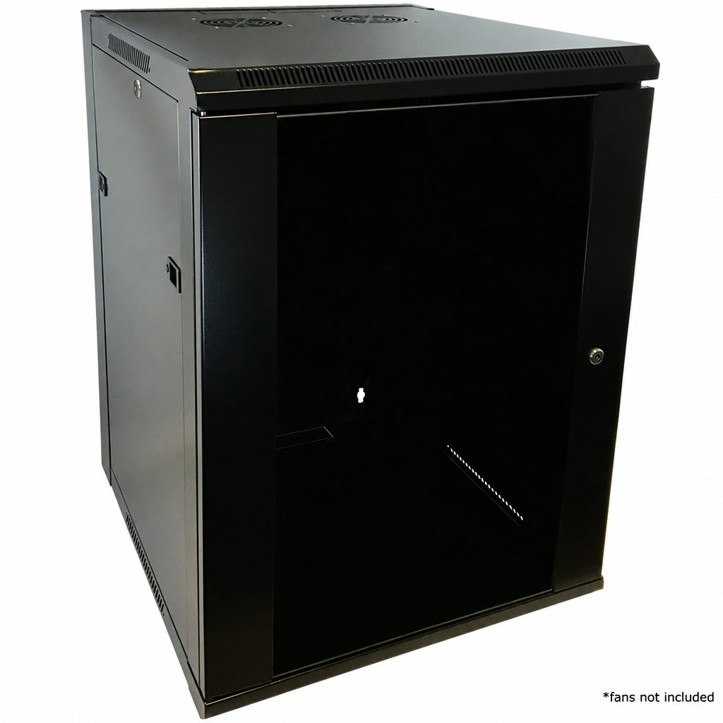 Wall Mount Cabinet 15U x 19.5 inch Usable Depth, Glass Door - Black