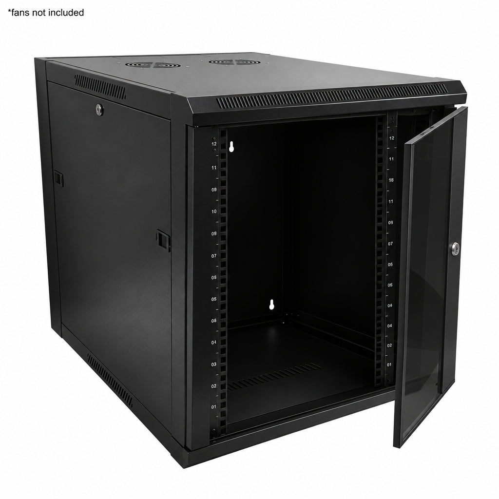 Wall Mount Cabinet 12U x 23 inch Usable Depth, Glass Door - Black