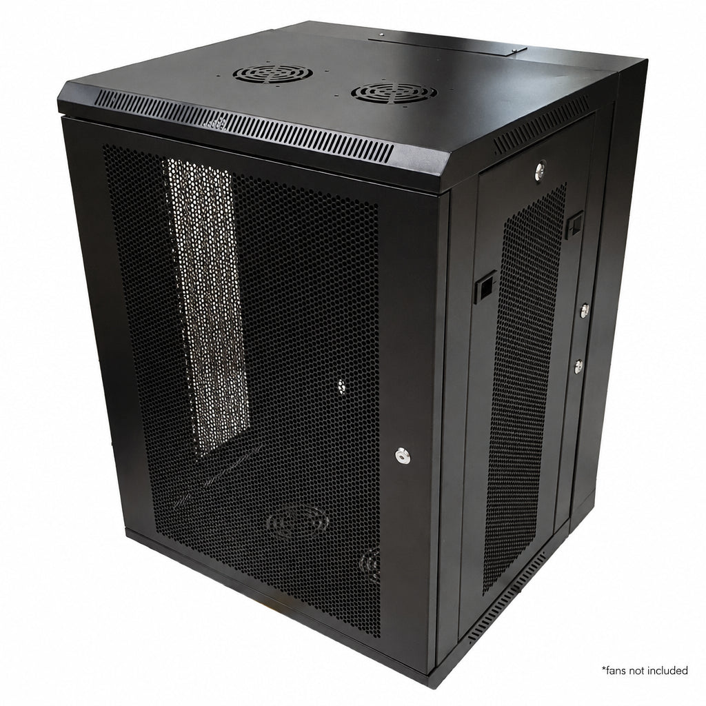 Wall Mount Swing Cabinet 15U x 18.5" Usable Depth - Perforated Doors - Black