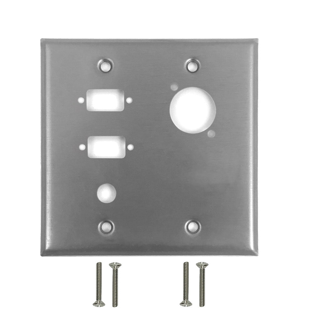 Double Gang - 2x ICDB Cutout - 1x 3/8 inch Hole - 1x D-Cut - Stainless Steel Wall Plate