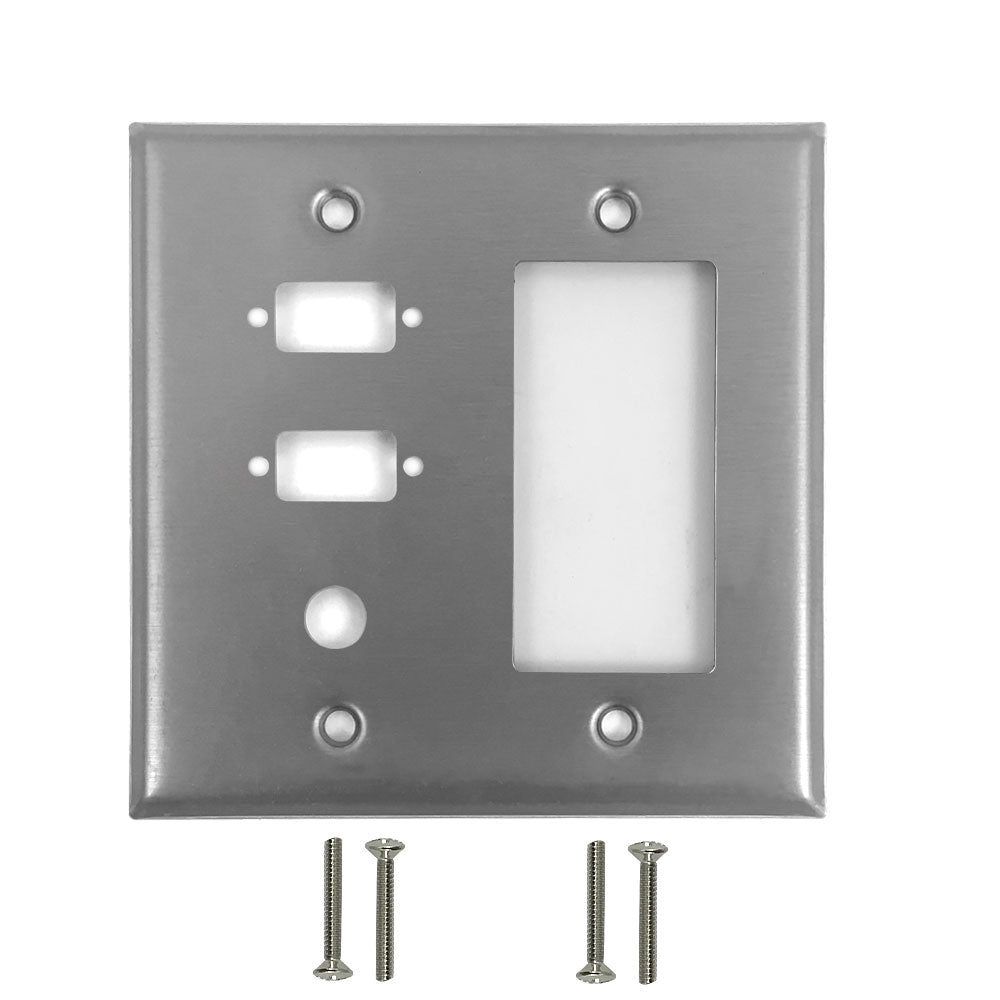 Double Gang - 2x ICDB Cutout - 1x 3/8 inch Hole - 1x Decora - Stainless Steel Wall Plate