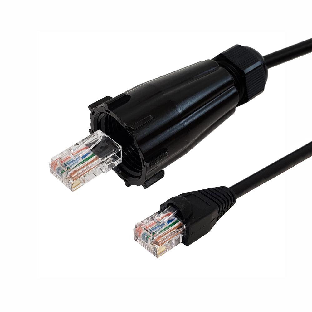 RJ45 Male with IP68 Shroud to RJ45 CAT5E UTP Outdoor UV / Direct Burial Patch Cable - Black