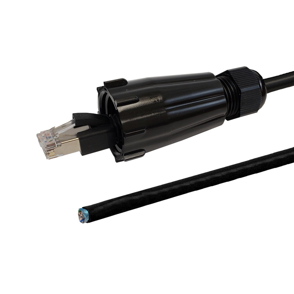 RJ45 Male with IP68 Shroud to Blunt CAT5E Solid Shielded FTP Outdoor UV / Direct Burial Pigtail Cable (568x) - Black