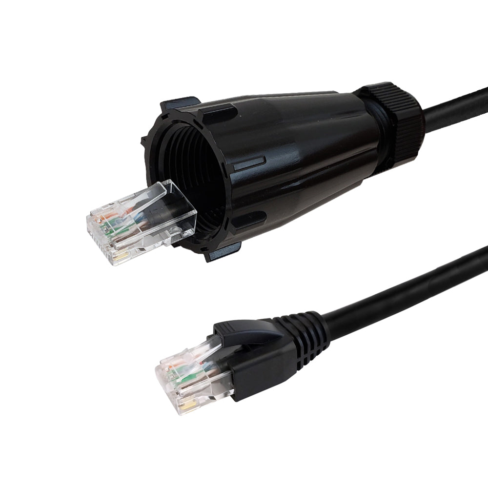 RJ45 Male with IP68 Shroud to RJ45 CAT6 UTP Gel Filled Outdoor UV / Direct Burial Patch Cable - Black