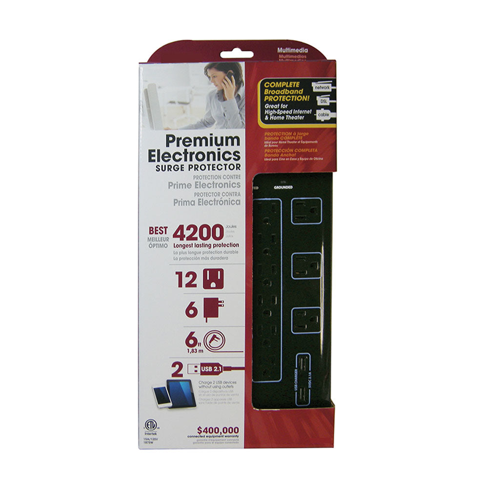 12 Outlet Surge Protector - 4200J, 6ft cord, Down Angle Plug, 2 USB Charging Ports, CATV/Phone/DSL Protection - Black