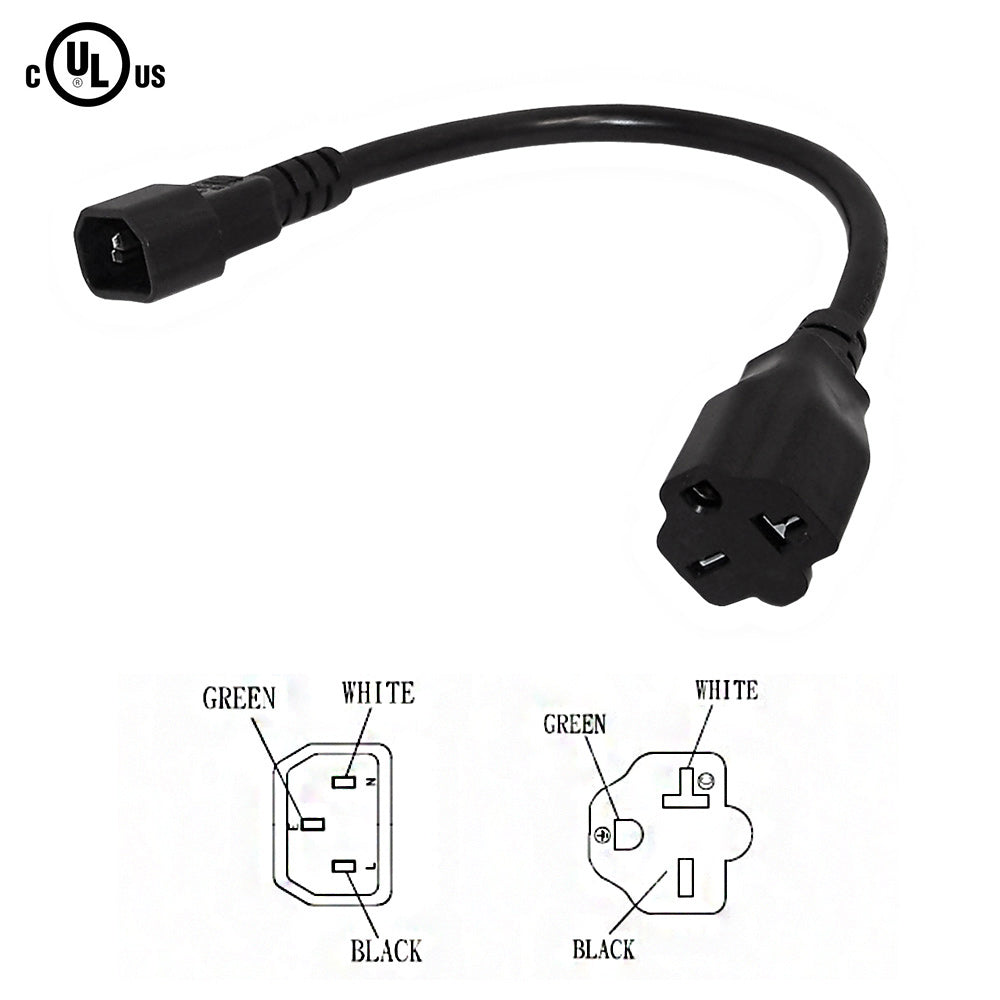 1ft NEMA 6-15/20R to IEC C14 Power Cable - 14AWG - SJT Jacket