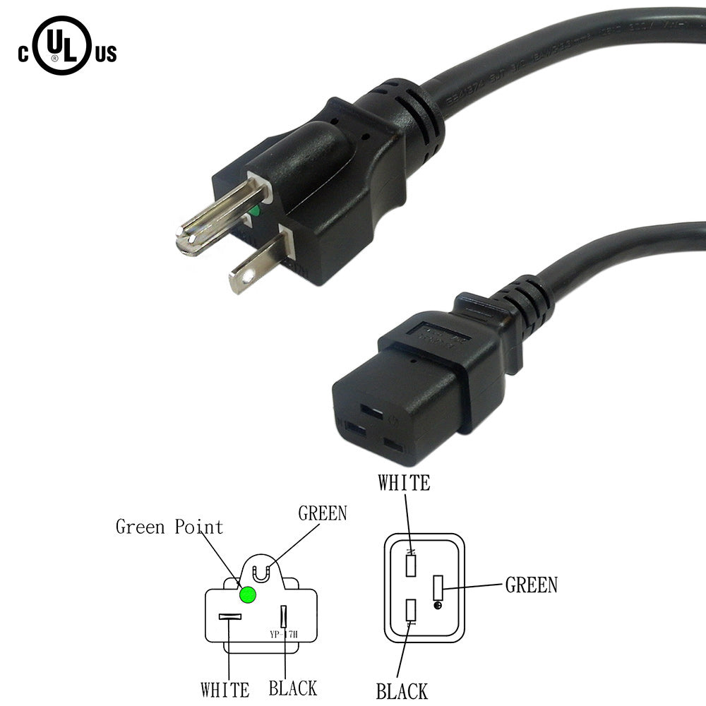 Hospital Grade 5-20P to C19 Power Cable - 12AWG - SJT (20A/125V)