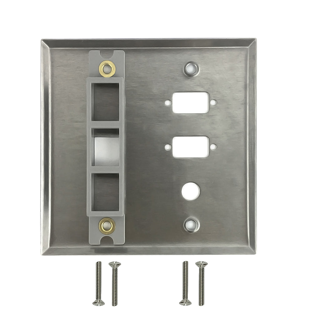 Double Gang - 2x ICDB Cutout - 1x 3/8 inch Hole - 1x Keystone - Stainless Steel Wall Plate