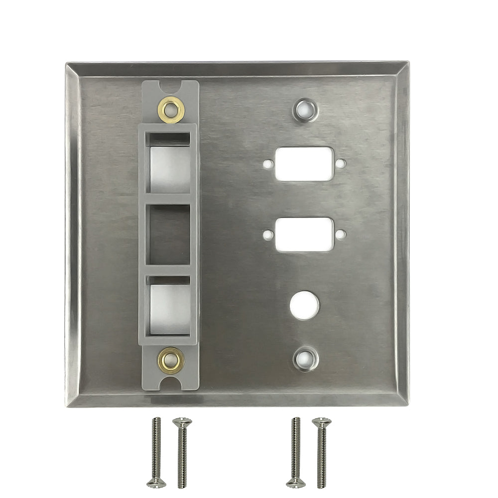Double Gang - 2x ICDB Cutout - 1x 3/8 inch Hole - 2x Keystone - Stainless Steel Wall Plate