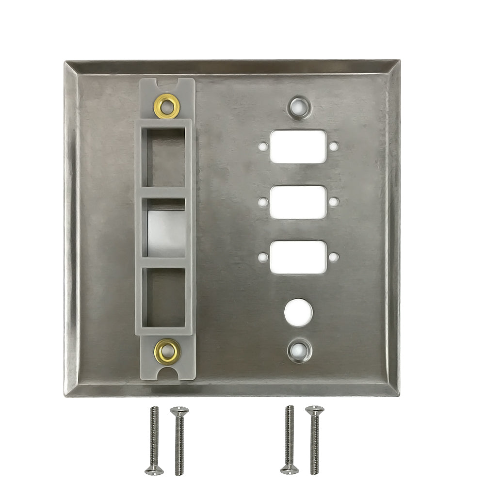 Double Gang - 3x ICDB Cutout - 1x 3/8 inch Hole - 1x Keystone - Stainless Steel Wall Plate
