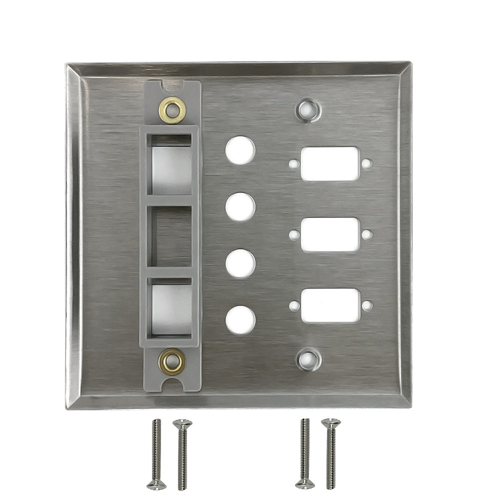 Double Gang - 3x ICDB Cutout - 4x 3/8 inch Hole - 2x Keystone - Stainless Steel Wall Plate