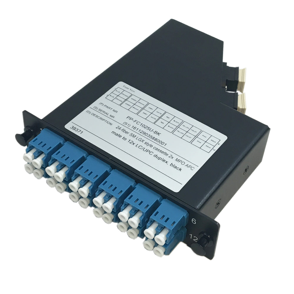 24-Fiber Singlemode LGX Style Cassette 2x MPO Male to 12x LC/UPC Duplex