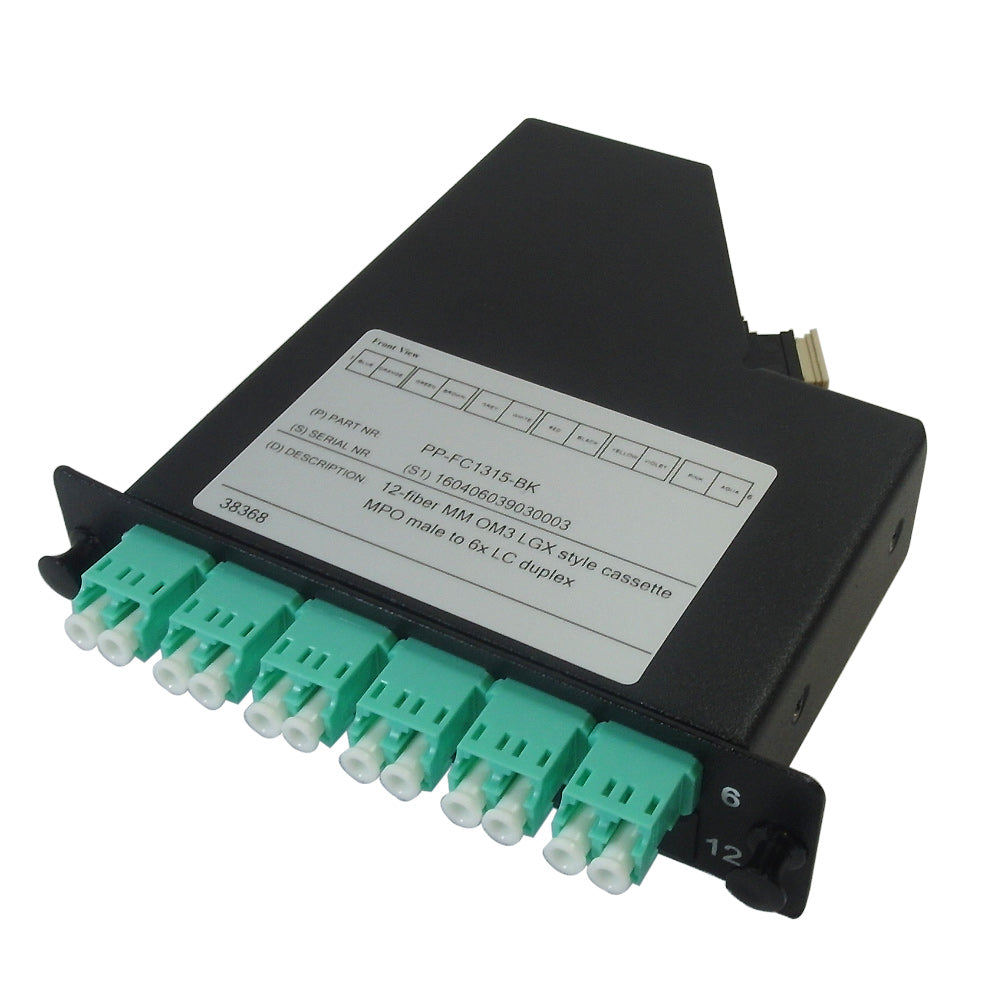 12-Fiber Multimode OM3 LGX Style Cassette MPO Male to 6x LC Duplex