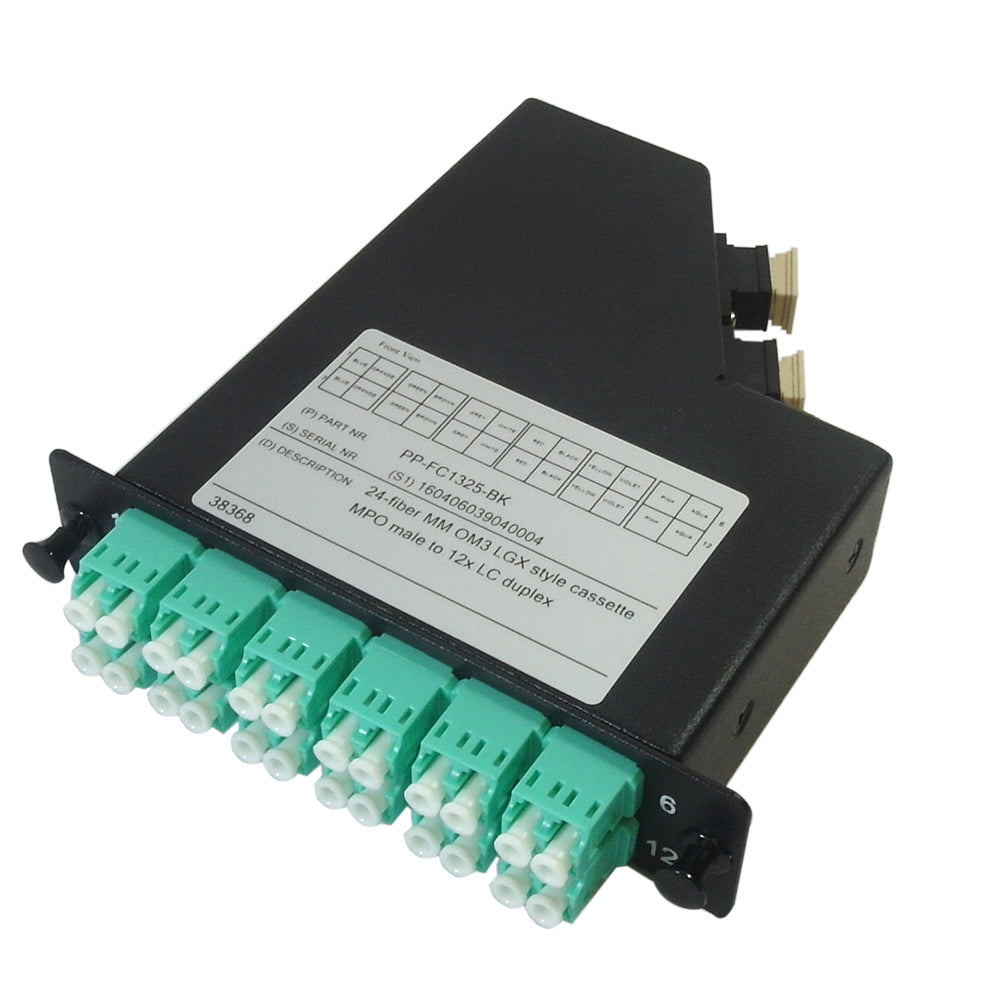 24-Fiber Multimode OM3 LGX Style Cassette 2x MPO Male to 12x LC Duplex