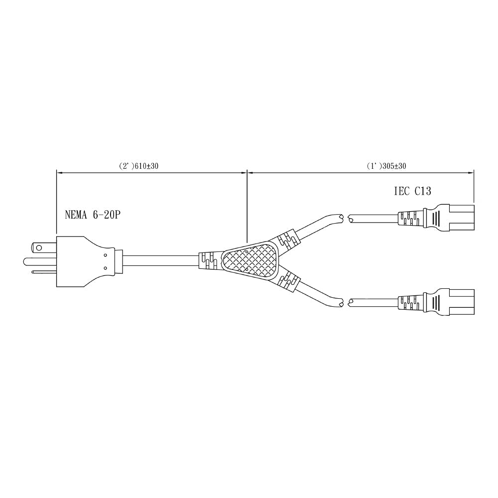 3ft NEMA 6-20P to 2x IEC C13 Power Splitter Cable - 14AWG (15A 250V) - SJT