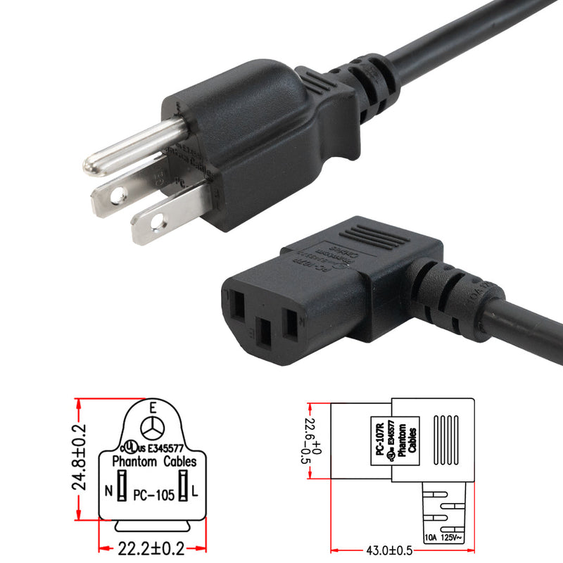 NEMA 5-15P to IEC C13 Right Angle Power Cable - SJT Jacket