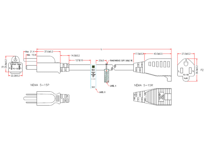 5-15P to NEMA 5-15R Power Cable - SJT