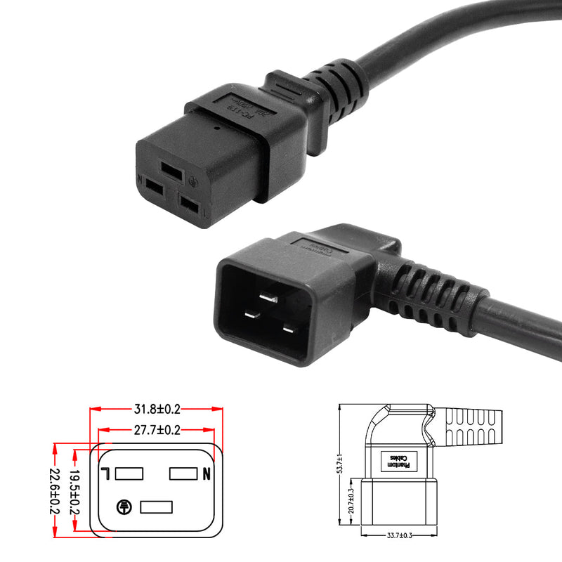 IEC C19 to IEC C20 Left Angle Power Cable - SJT Jacket