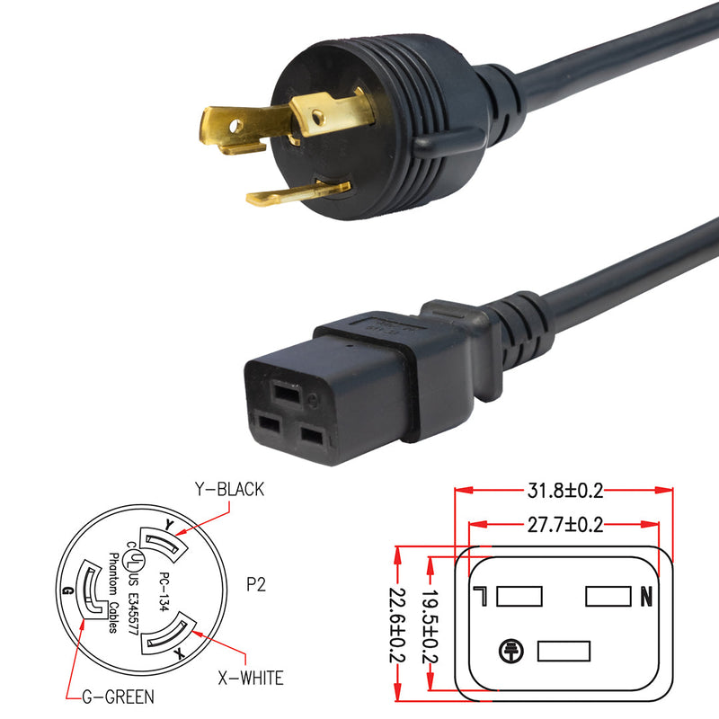 NEMA L6-30P to IEC C19 Power Cable - 12AWG - SJT Jacket