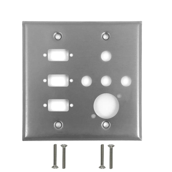Double Gang - 3x ICDB Cutout  - 4x 3/8 inch Hole - 1x D-Cut - Stainless Steel Wall Plate