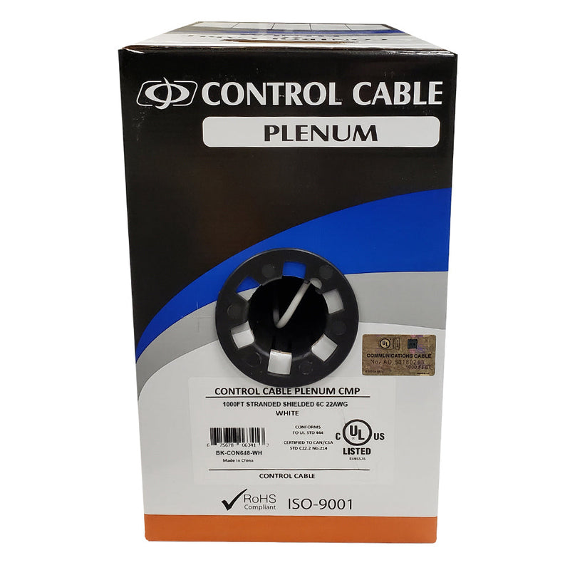 1000ft 6C 22AWG Stranded Shielded Control Cable - CMP Plenum - White