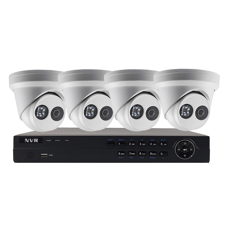 4-Channel IP NVR with 4K Resolution, Integrated PoE Ports, 2TB Purple Surveillance Grade Hard Drive, 4x 8MP Turret IP Cameras 30m IR Range IP67 Rate (3x fixed 2.8mm lens and 1x fixed 4mm lens) White - Security Camera Package