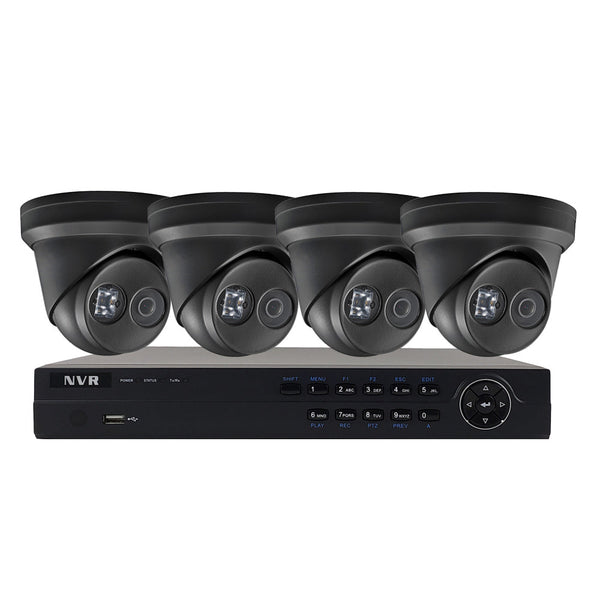 4-Channel IP NVR with 4K Resolution, Integrated PoE Ports, 2TB Purple Surveillance Grade Hard Drive, 4x 8MP Turret IP Cameras 30m IR Range IP67 Rate Fixed 2.8mm Lens Grey - Security Camera Package