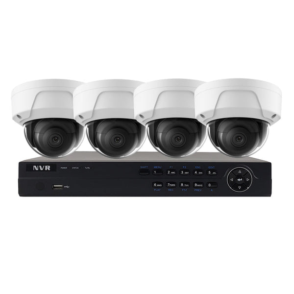 4-Channel IP NVR with 4K Resolution, Integrated PoE Ports, 2TB Purple Surveillance Grade Hard Drive, 4x 8MP Dome IP Cameras 30m IR Range IP67 Rate (3x fixed 2.8mm lens and 1x fixed 6mm lens) White - Security Camera Package