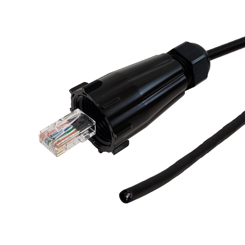 RJ45 Male with IP68 Shroud to Blunt CAT5E Solid UTP Outdoor UV / Direct Burial Pigtail Cable (568x) - Black