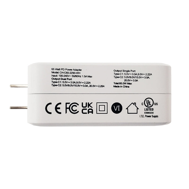 USB Travel Charger - 65W - USB Type-C (20W) - USB Type-C (60W) - GaN - White