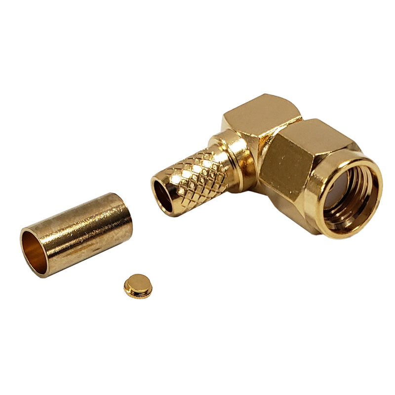 SMA Reverse Polarity Male Right Angle Crimp Connector for RG58 LMR-195 50 Ohm - Gold