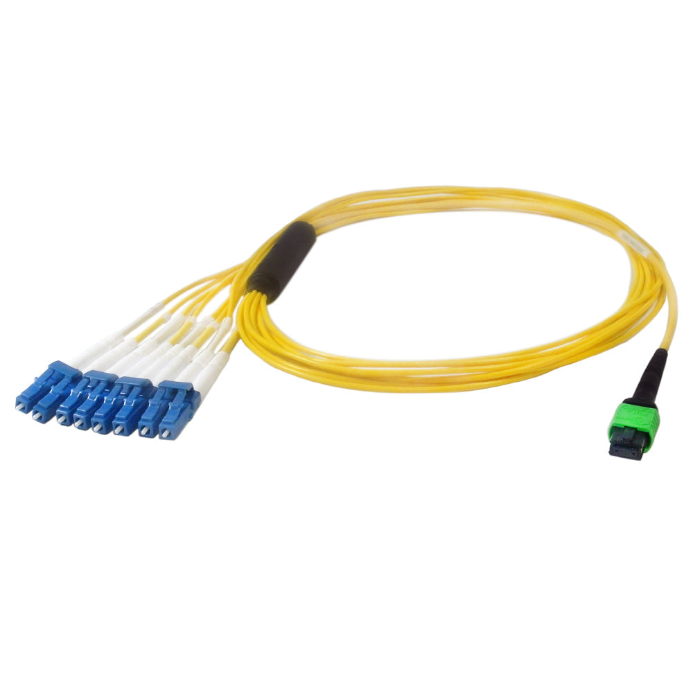 8-Fiber Singlemode MPO/MTP APC Female no guide pins to 8x LC/UPC clipped in pairs - OFNP Plenum