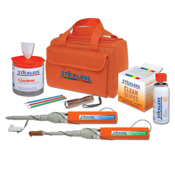 Sticklers® Fiber Cleaning Kit 2 POC03M WFW WCS100 25 CleanWipes 50 S25 sticks 20 S12 CCU125 1 CCU250 - LED light