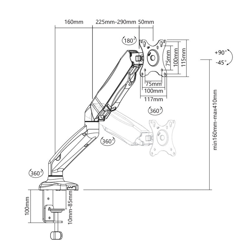 Desktop Display Mount, Full Motion, Single Screen, VESA 100x100 (13-27 inch)