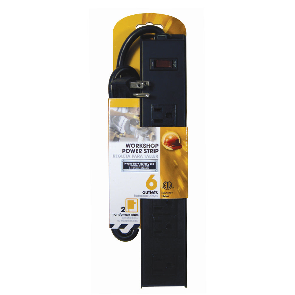 6 Outlet Power Strip - 3ft Cord, Down Angle Plug, Metal Housing - Black