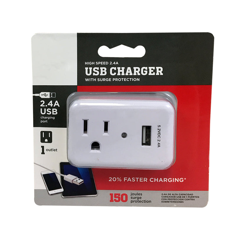 Outlet Power Tap 150J Surge protection, 1 Fast Charge USB Port - White