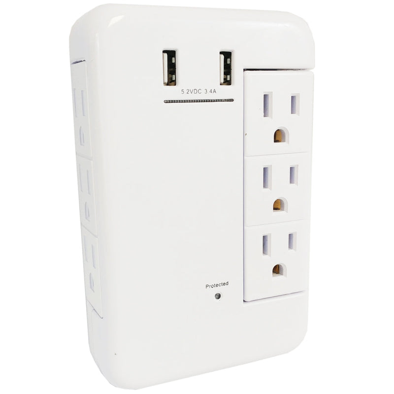 6 Outlet Swivel Power Tap 1200J Surge Protection, 2 Fast Charge USB Ports - White