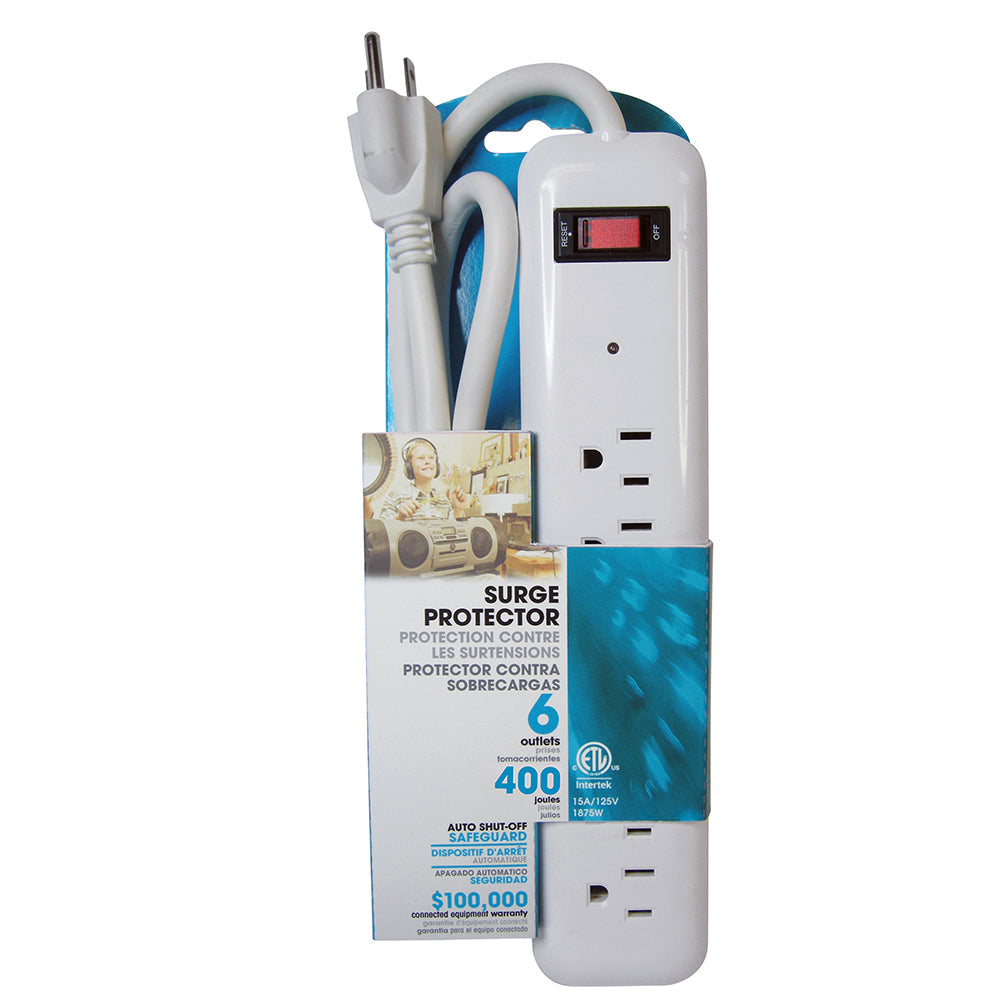 6 Outlet Surge Protector - 400J, 1.5ft Cord - White