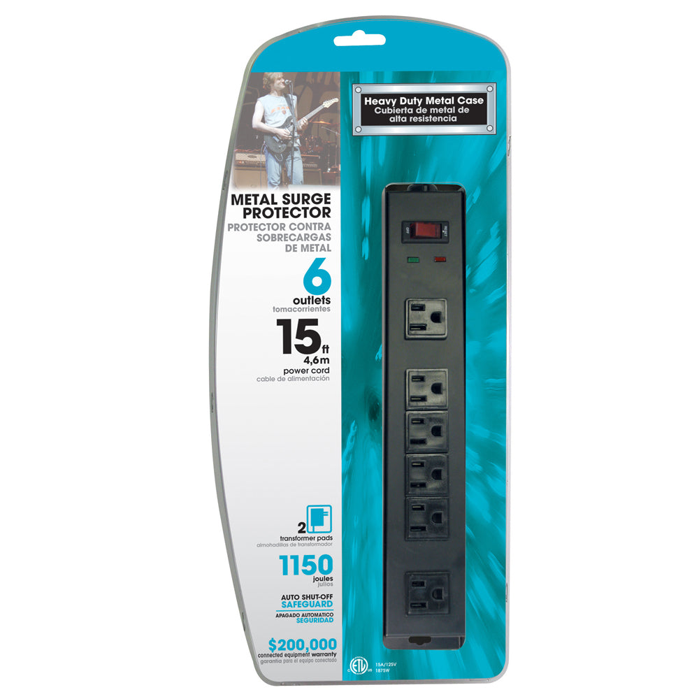 6 outlet Surge Protector - 1150J, 15ft Cord, Down Angle Plug - Black