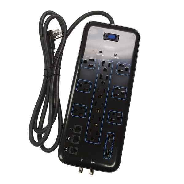 12 Outlet Surge Protector 4200J, 6ft cord, Down Angle Plug, 2 USB Charging Ports, CATV/Phone/DSL Protection - Black