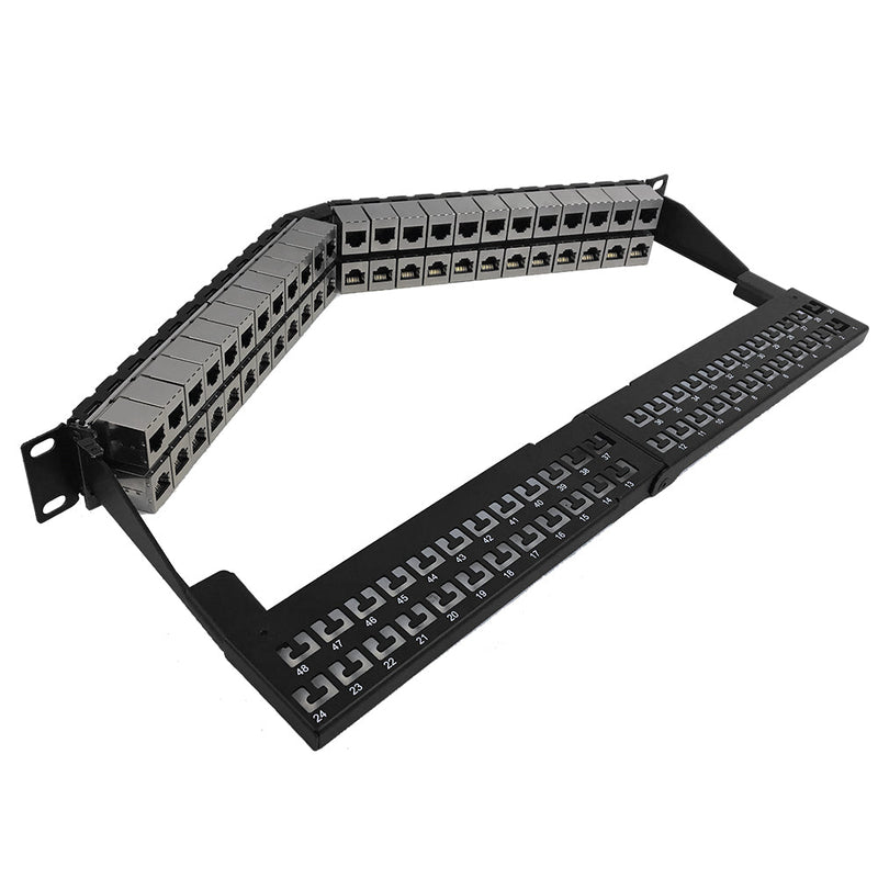 48-Port Angled CAT6 Shielded Patch Panel, 19" Rackmount 2U - Pass-Through
