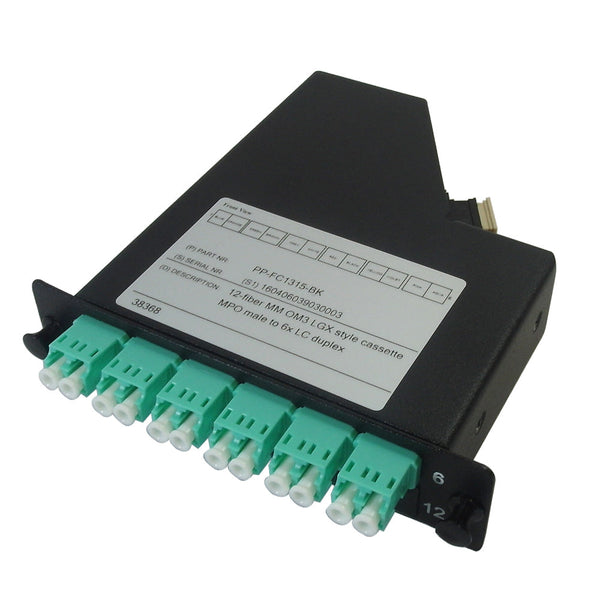 12-Fiber Multimode OM3 LGX Style Cassette MPO Male to 6x LC Duplex - Black