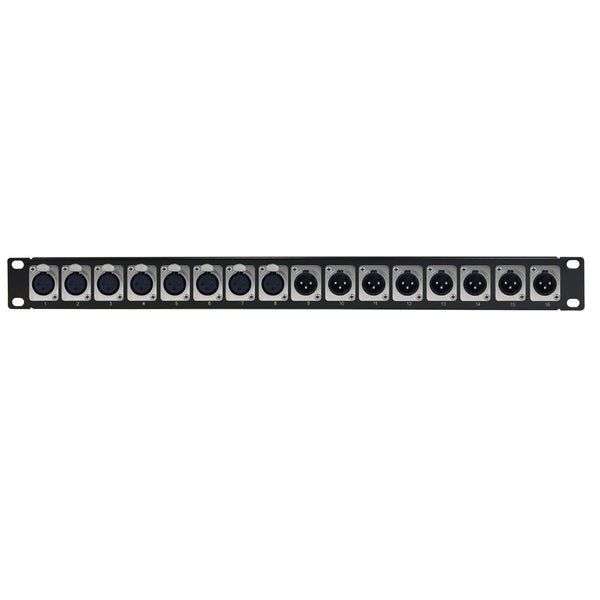 8-Port Female + 8-port XLR Male patch panel, 19 inch rackmount 1U