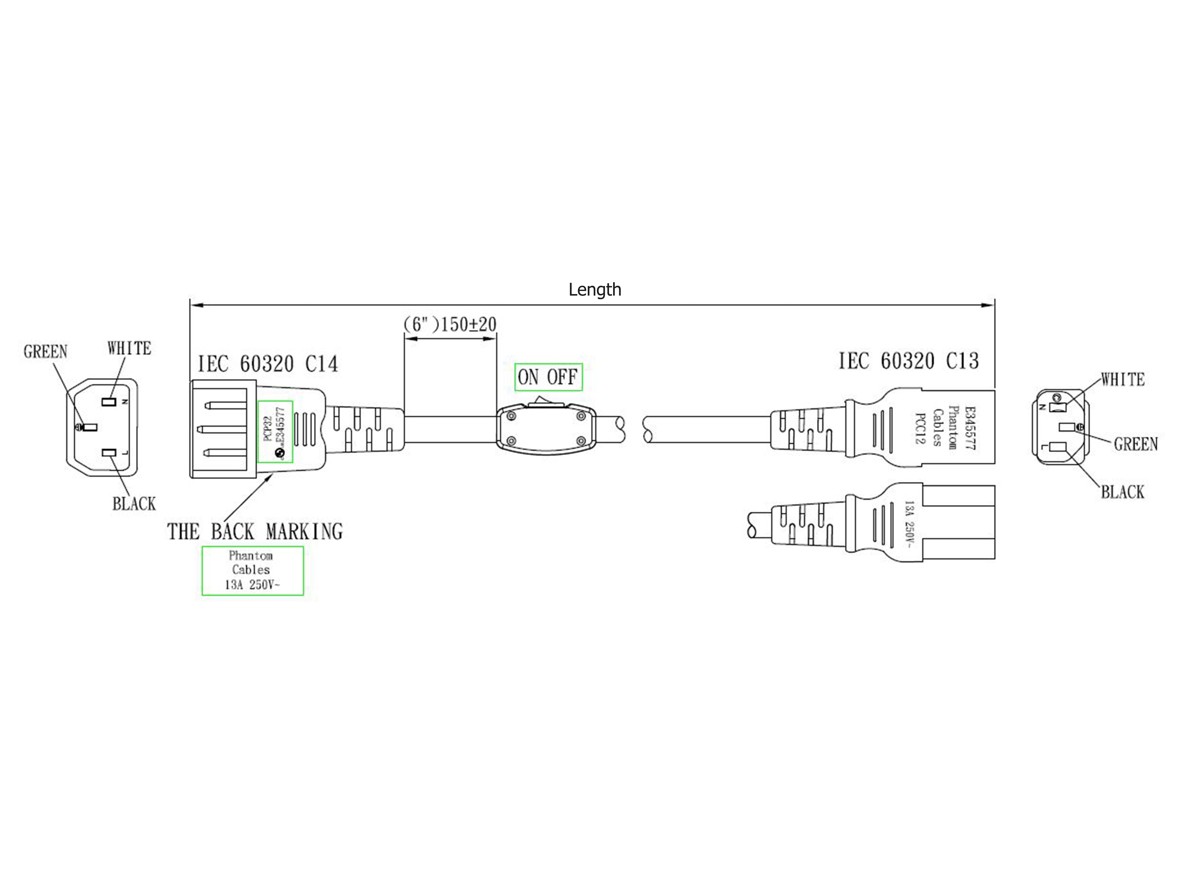 IEC C13 to IEC C14 Power Cable with Inline ON/OFF Switch - SJT Jacket