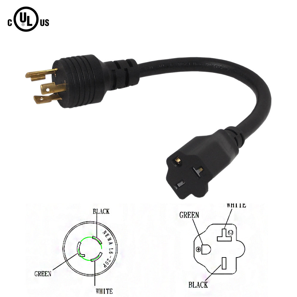 1ft NEMA L6-20P to NEMA 6-20R Power Cable - 12AWG - SJT Jacket