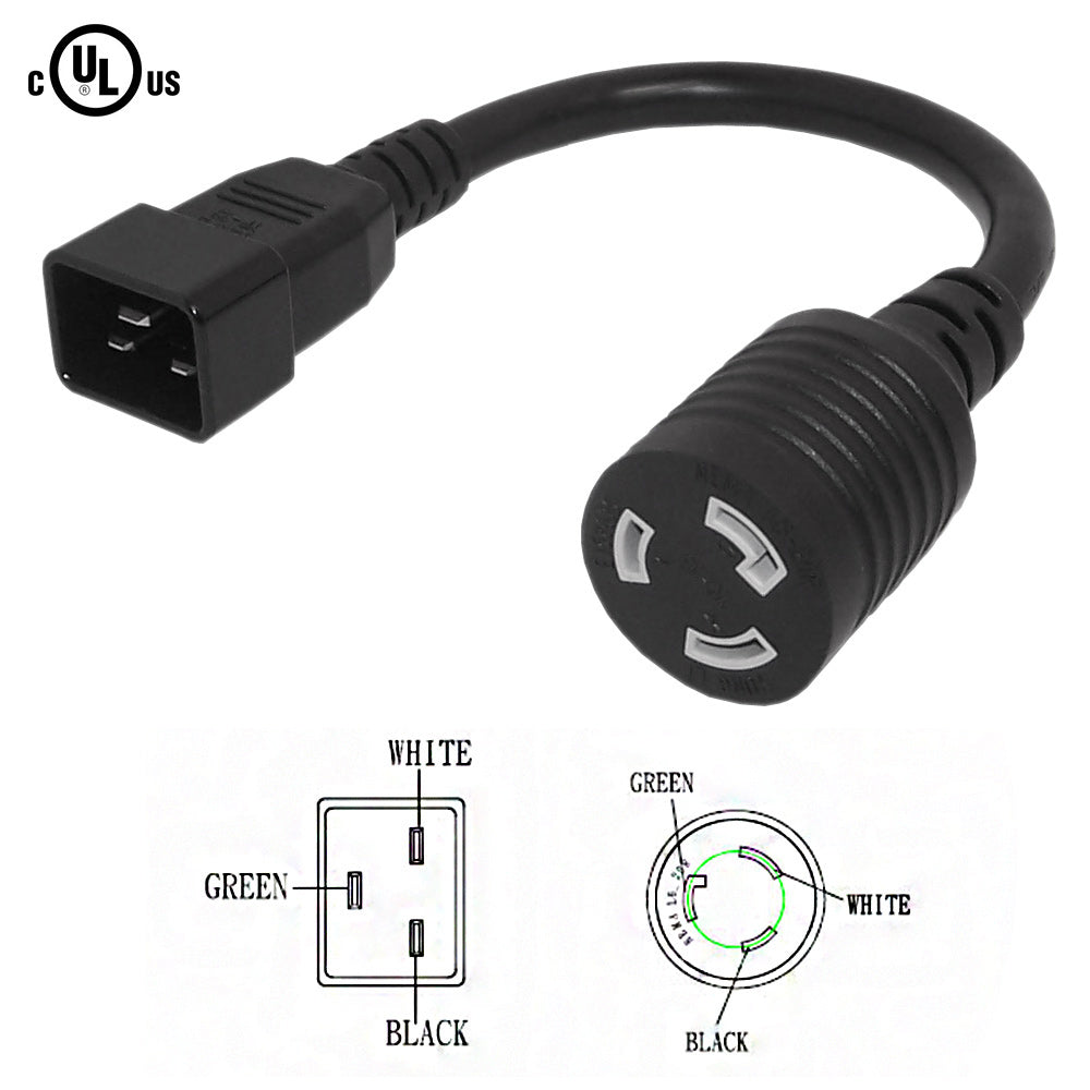1ft IEC C20 to NEMA L6-20R Power Cable - 12AWG - SJT Jacket
