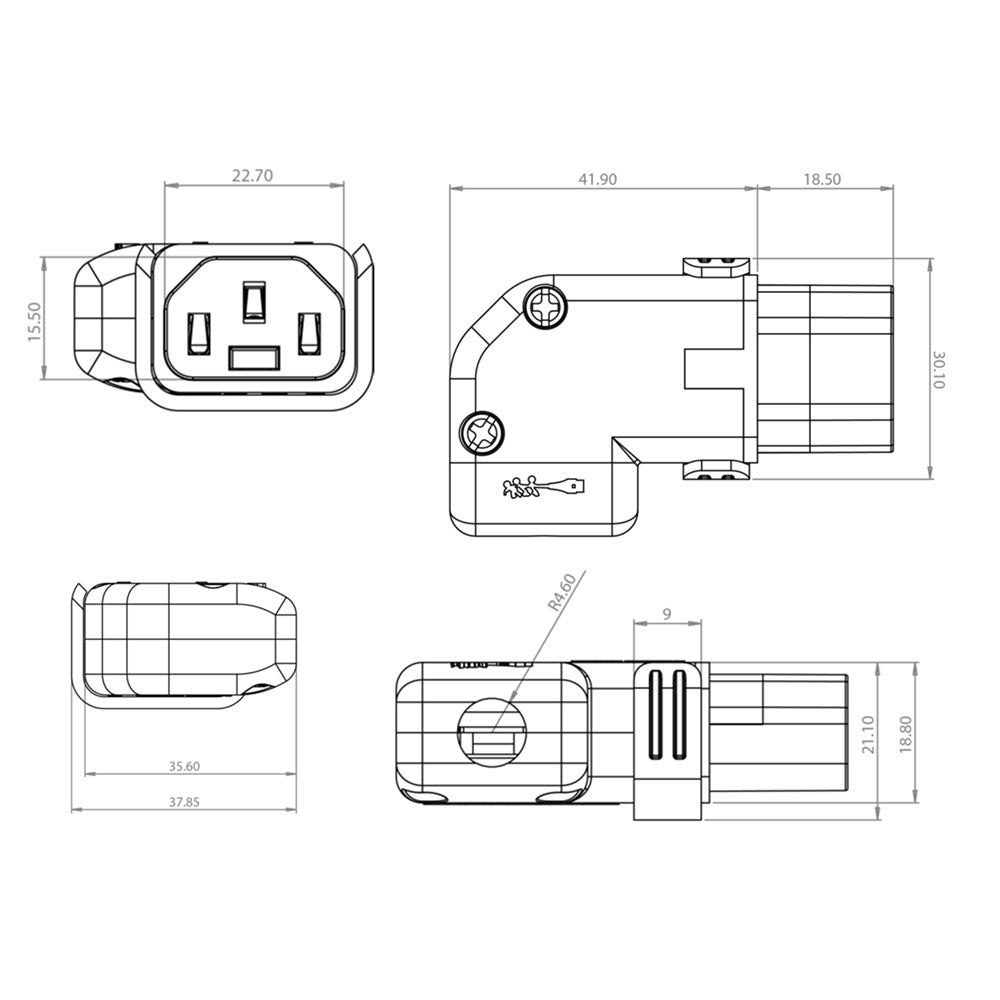 C13 Locking Power Cord Connector - Screw On - Right or Left Angle (IEC-Lock Part #: PA130100RBK)