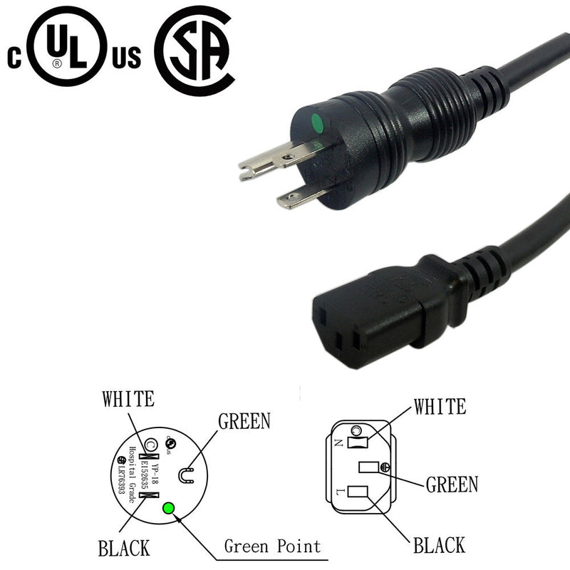 Hospital Grade 5-15P to C13 Power Cable - SJT