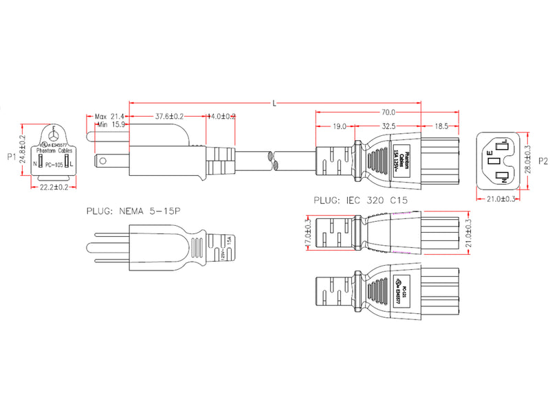 NEMA 5-15P to IEC C15 Power Cable - SJT